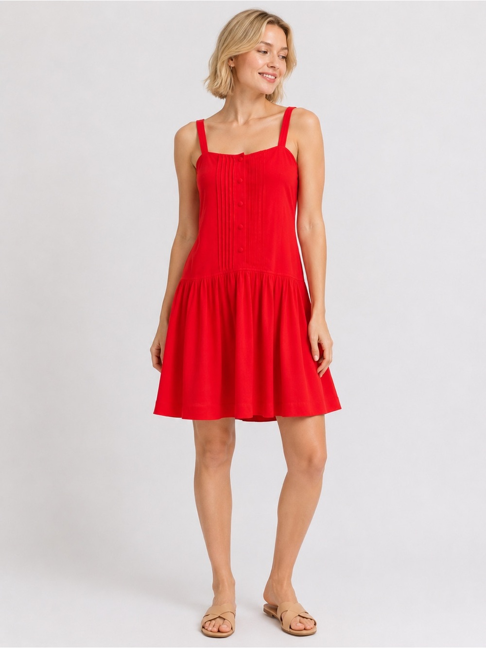 Taylor Drop Waist Mini Dress Pintuck Button Front Sleeveless Red 6 NWT